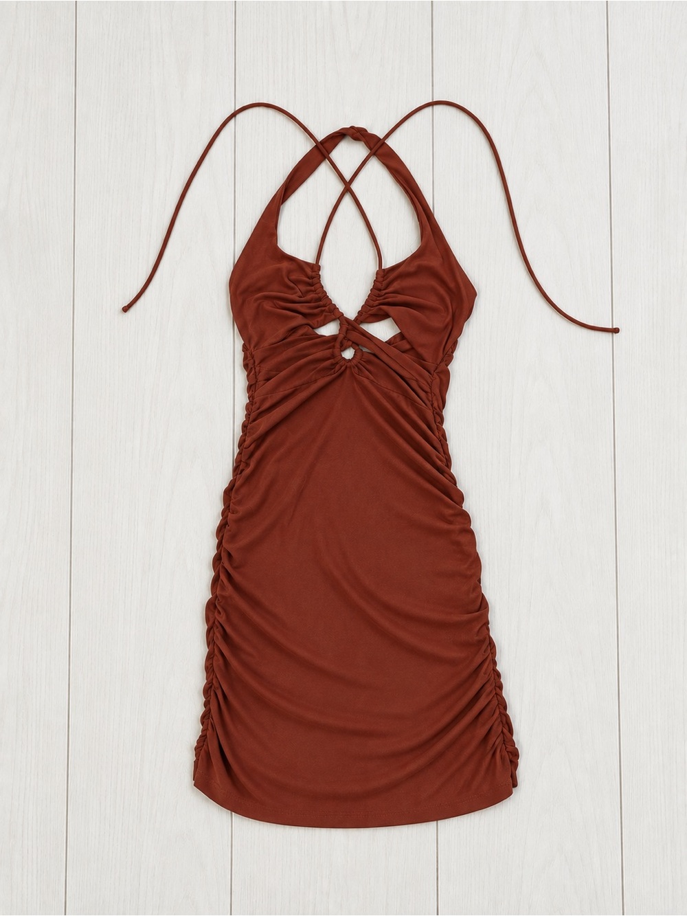 Derek Heart Rust Halter Ruched Mini Dress with Crisscross Straps